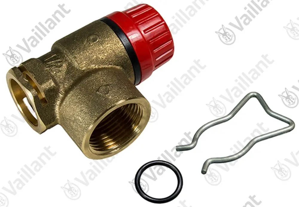 Vaillant Sicherheitsventil aus Messing mit rotem Handrad, einer Dichtungsring und einem Befestigungsclip. Geeignet für den Einsatz in Solar-Anlagen.